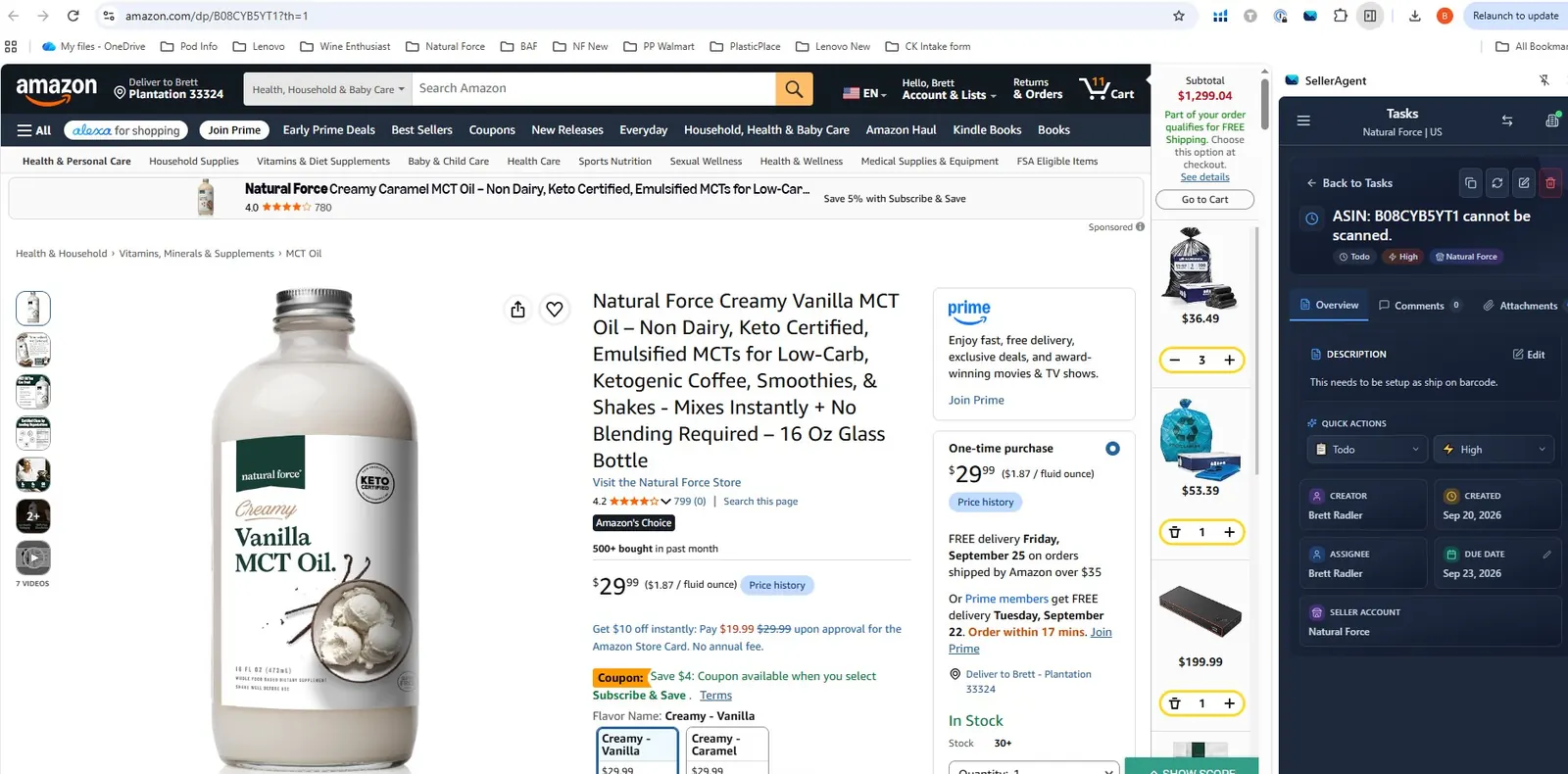 SellerAgent's side panel on an Amazon product page, listing the tasks attached to that ASIN.