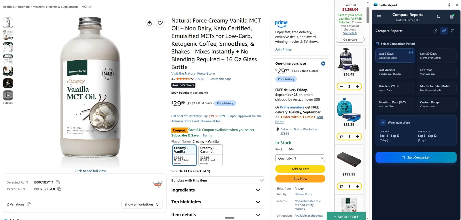 An Amazon product page with SellerAgent's comparison report open beside it, showing sales for two periods side by side.