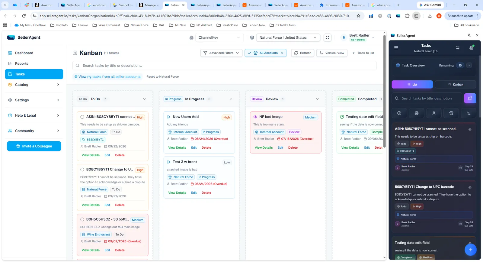 SellerAgent's task board with ASIN tasks in To do, In progress and Done columns.